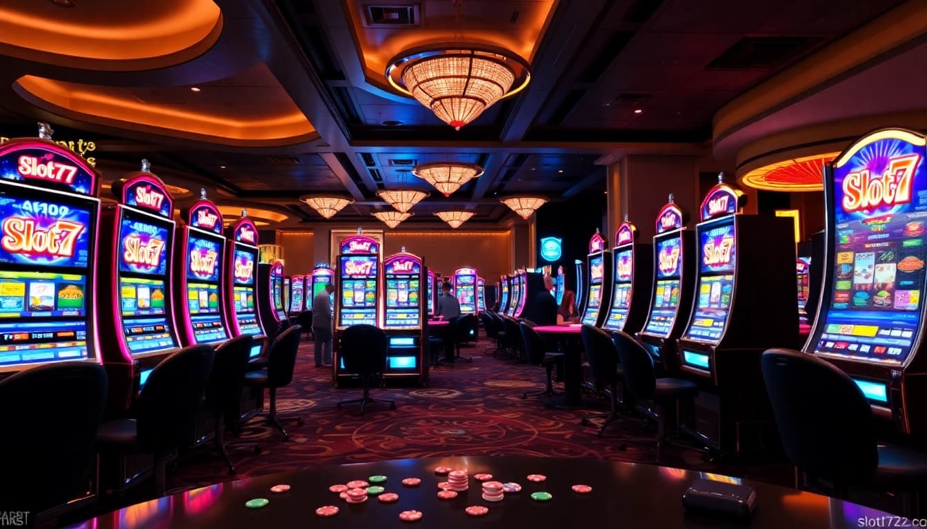 Players enjoying the thrill of slot777 machines in a vibrant casino atmosphere.