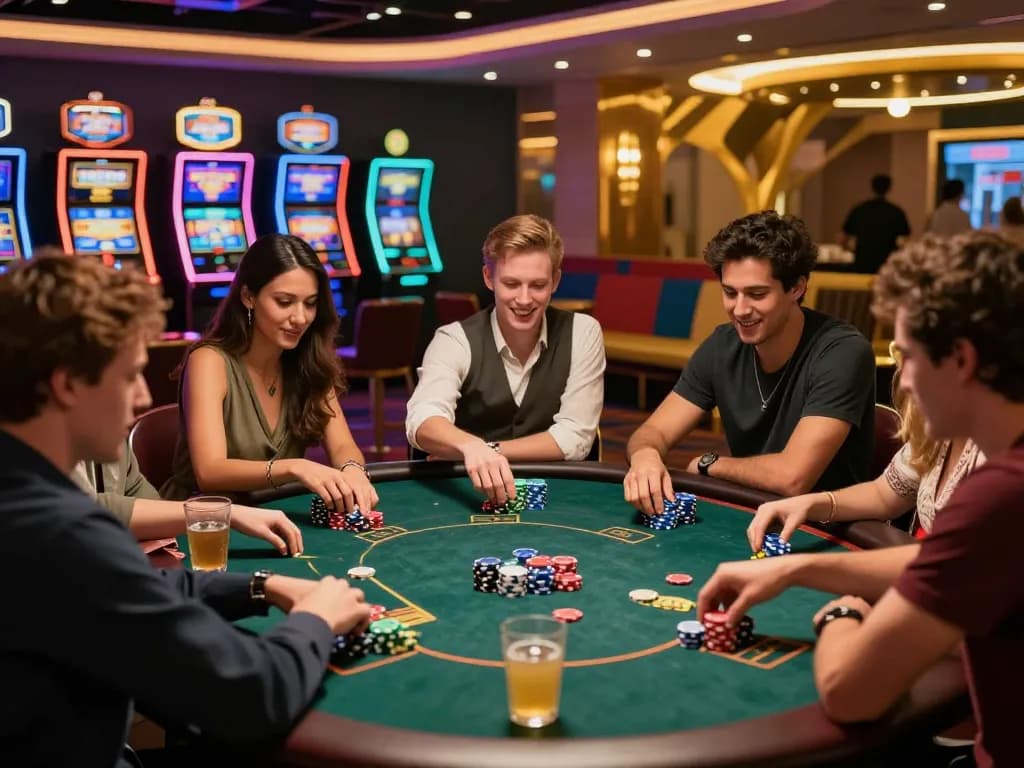 Exciting TK88 casino scene with friends playing poker and vibrant slot machines.
