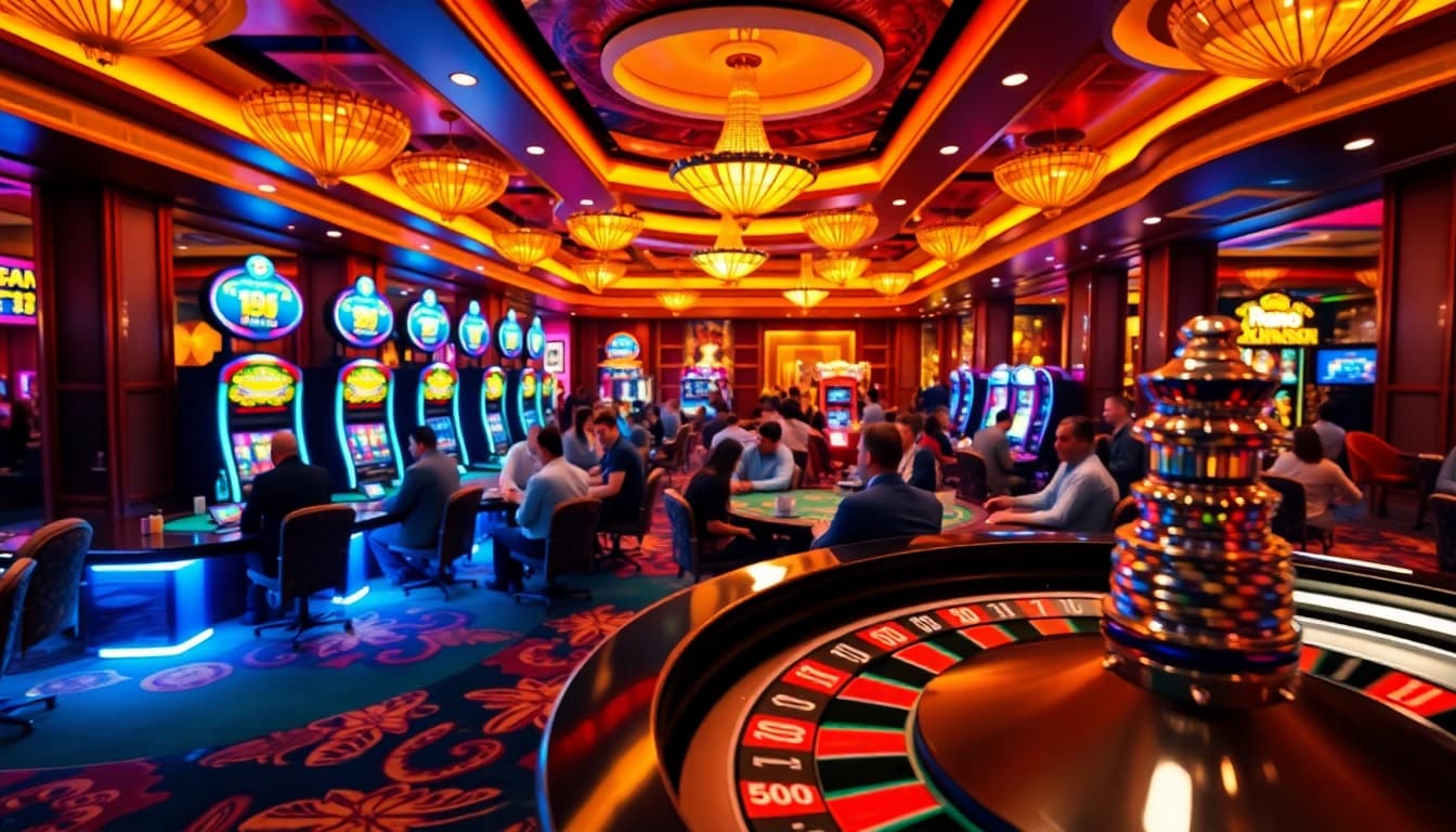 MMOO-themed poker chips and vibrant players enjoying a casino gaming floor atmosphere.
