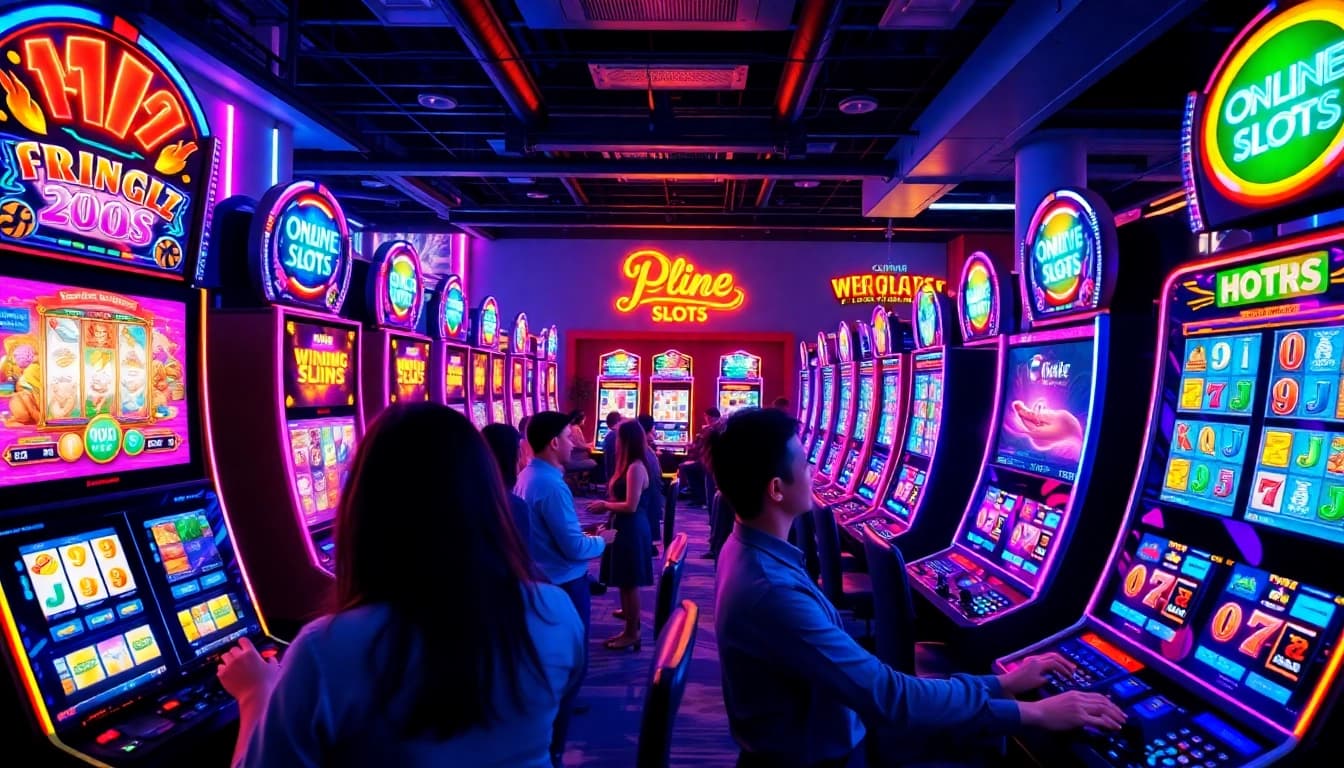 Menggambarkan petanitoto dengan pemain yang terlibat dalam permainan slot online yang penuh warna.