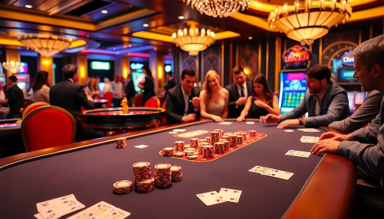 78win card players strategizing at a vibrant casino table, highlighting excitement and professionalism.