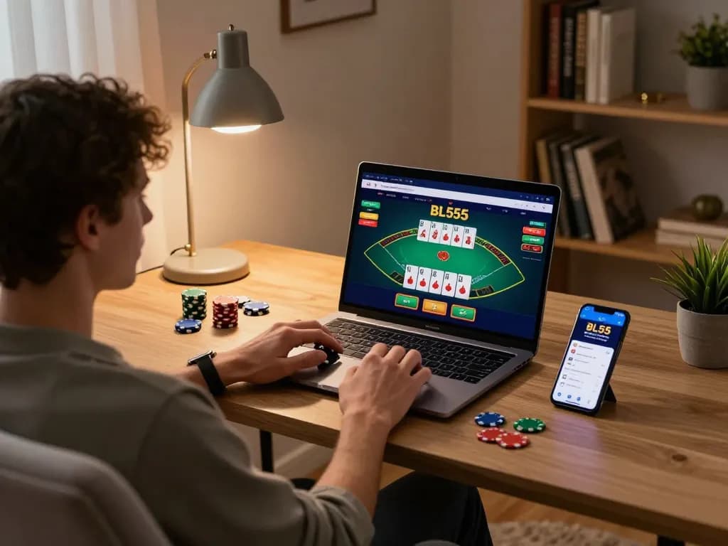 Person engaged in online gambling at BL555 with laptop showing blackjack game interface and poker chips