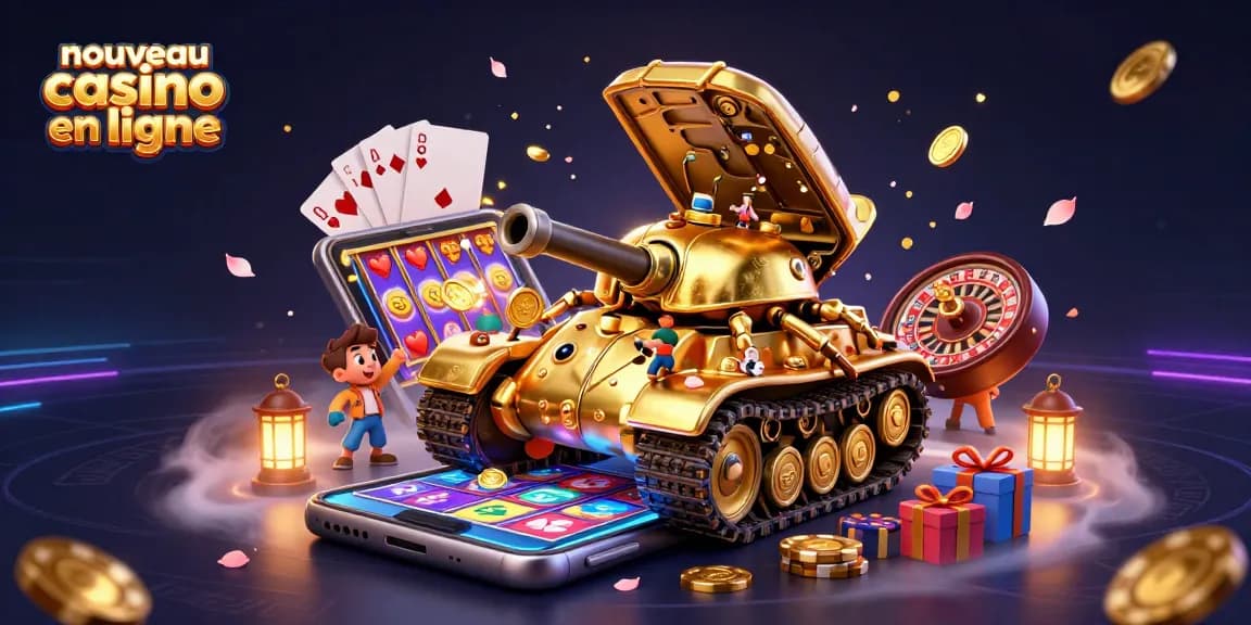 Le nouveau casino en ligne présente une scène dynamique avec un tank en forme de scarabée et des éléments de jeu fascinants.