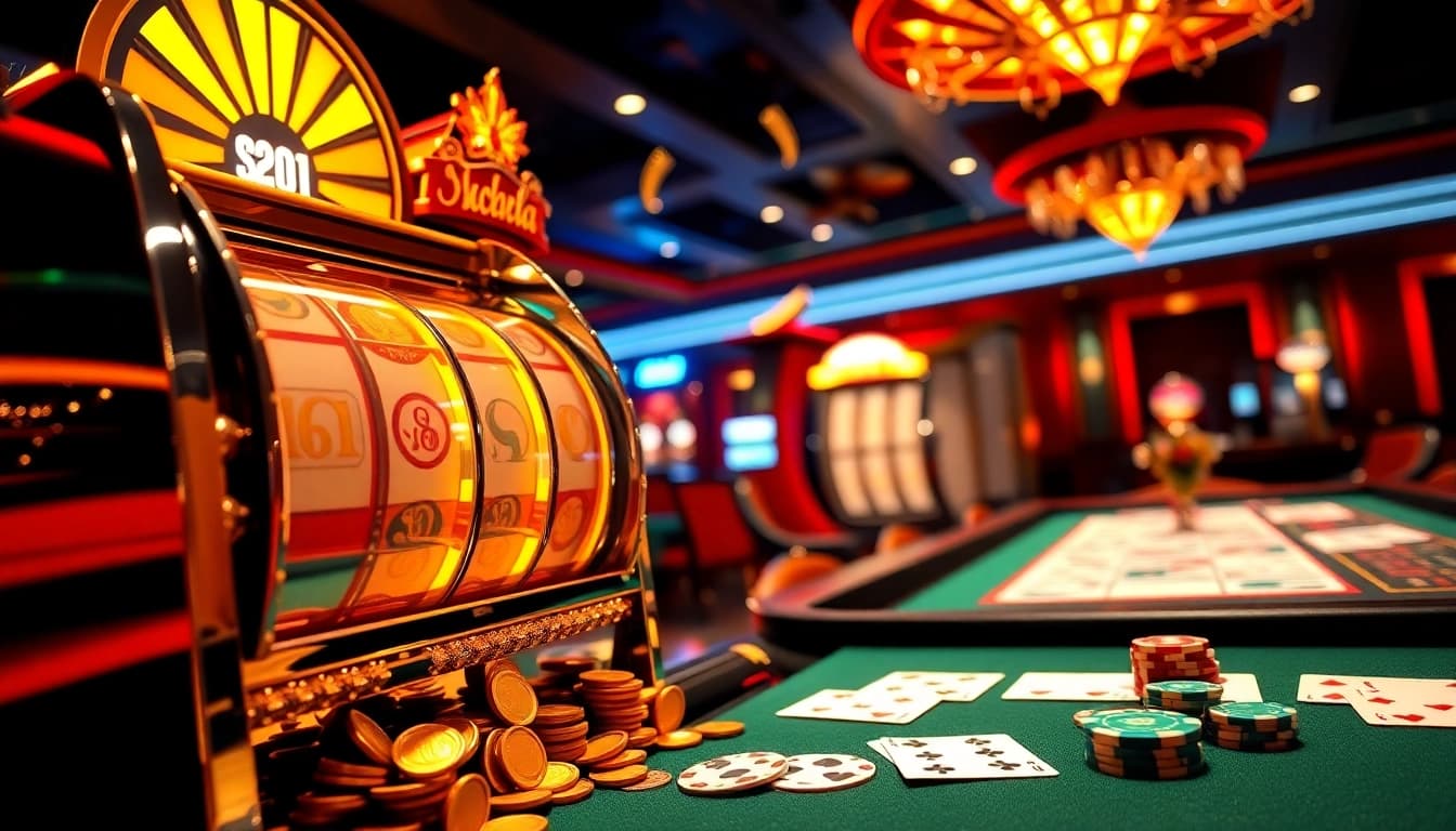 Nổ Hũ Đổi Thưởng slot machine with vibrant lights and overflowing coins, showcasing excitement in a luxurious casino.