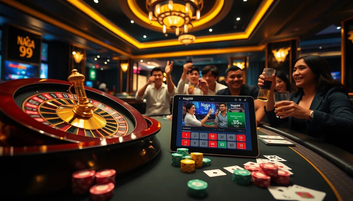 Naga99 players celebrating a big win at a luxury casino with poker chips and roulette.