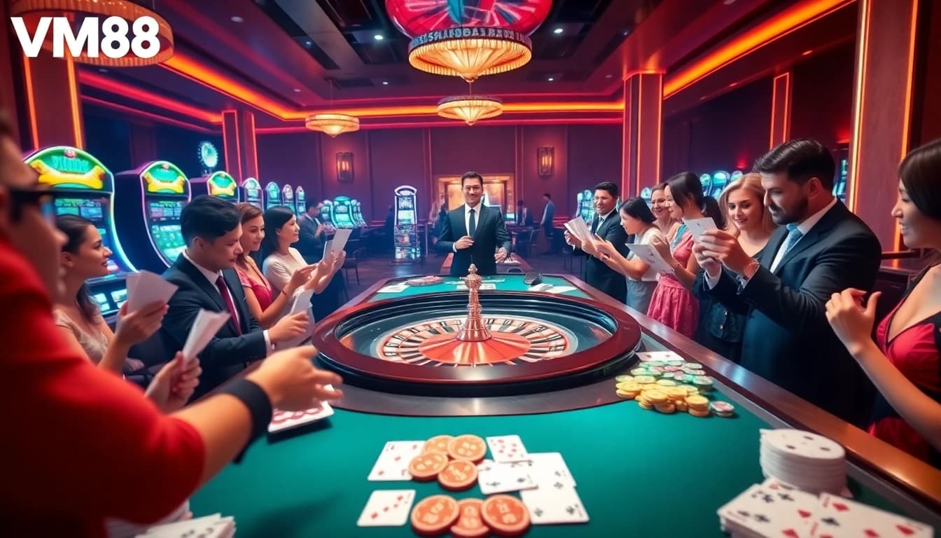 VM88 players engaged in thrilling roulette action at a luxurious casino table.