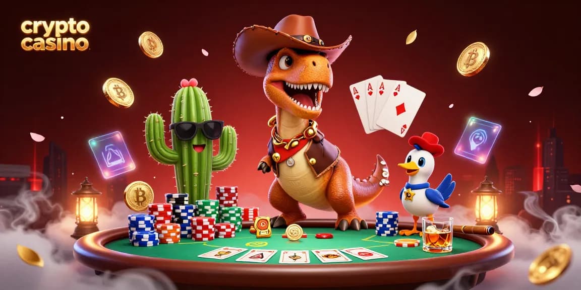 Illustration d'un casino crypto avec des personnages 3D et des éléments de poker.