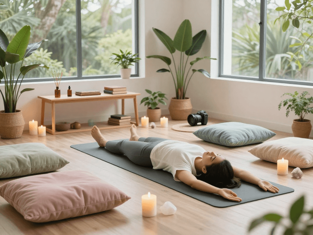 Meditation practice in a calming space with mantra88 elements for mindfulness and wellness.