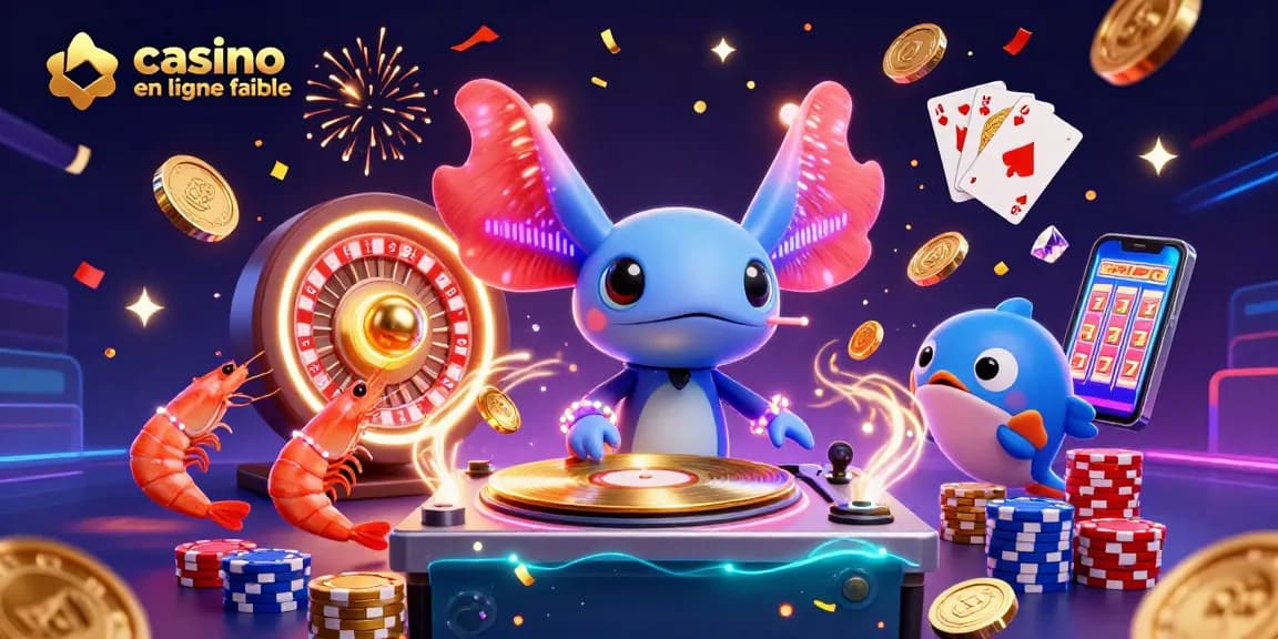 Animation d'un DJ axolotl avec des jeux de casino, illustrant la fiabilité d'un casino en ligne fiable.
