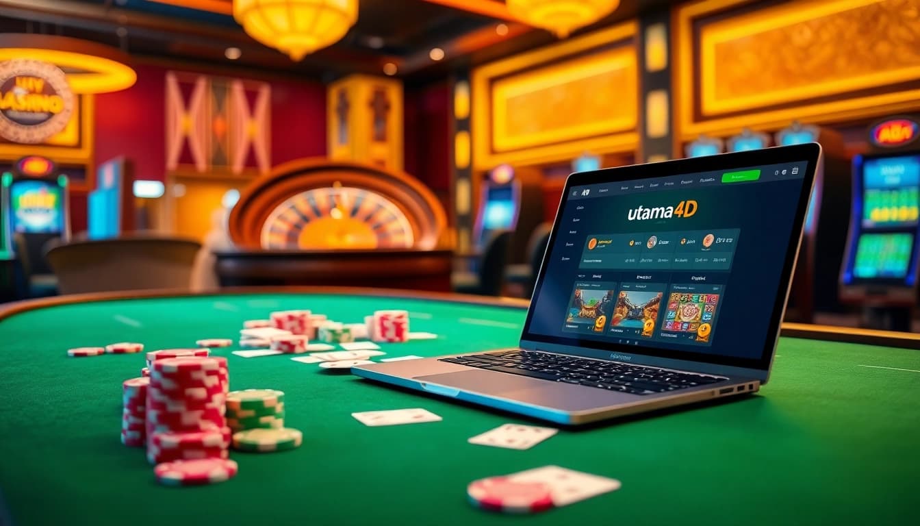 Strategi kemenangan di Utama4D digambarkan melalui chip poker dan suasana kasino.