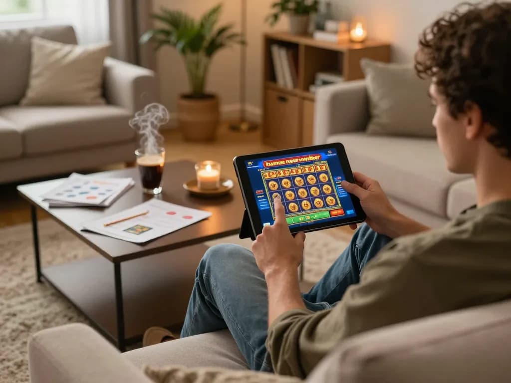 A user enjoying online gaming to claim a bonus new member offer on a tablet from a cozy home setting