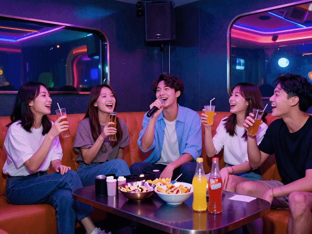 디저트 가라오케에서 친구들과 함께 즐거운 시간을 보내는 모습, 밝고 활기찬 조명으로 생동감 있는 분위기.