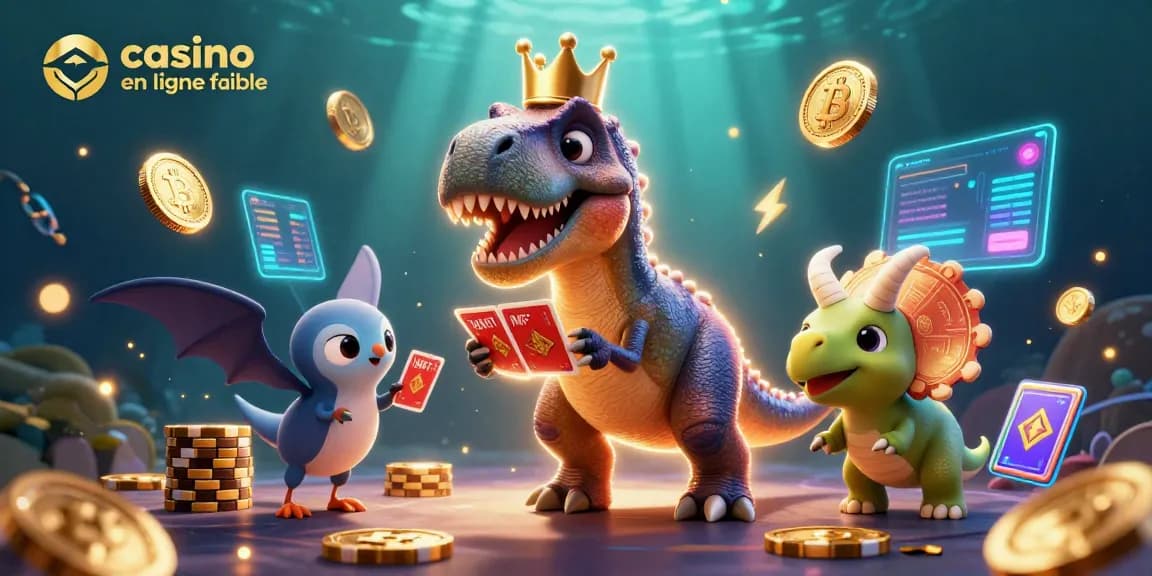 Illustration dynamique illustrant un T-Rex jouant aux cartes dans un casino en ligne fiable, entouré de jetons dorés.