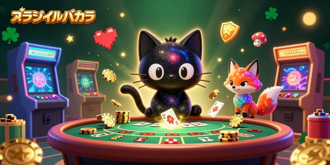 オンラインバカラで華やかな宇宙のカジノテーブルに魅了される黒い穴の猫のイラスト