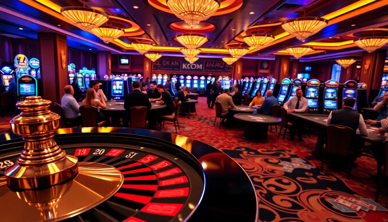 Excited players engaging in a game of poker at KJC.COM's luxurious casino floor.