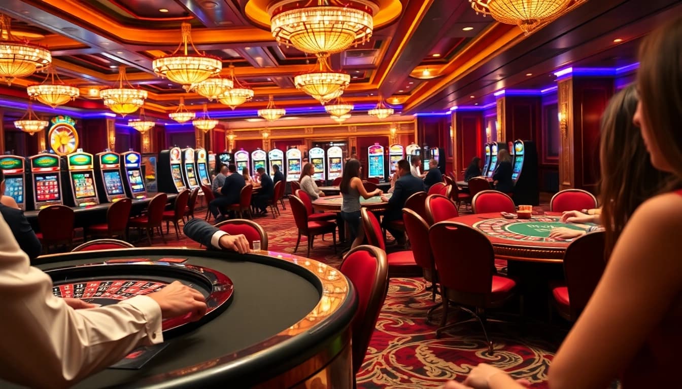 Players enjoying a high-stakes game at MERAH45's luxurious casino environment.