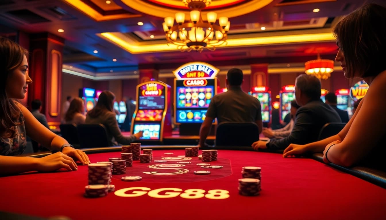 Excited gamblers enjoying a GG88 poker game at a luxurious casino table with vibrant slot machines.