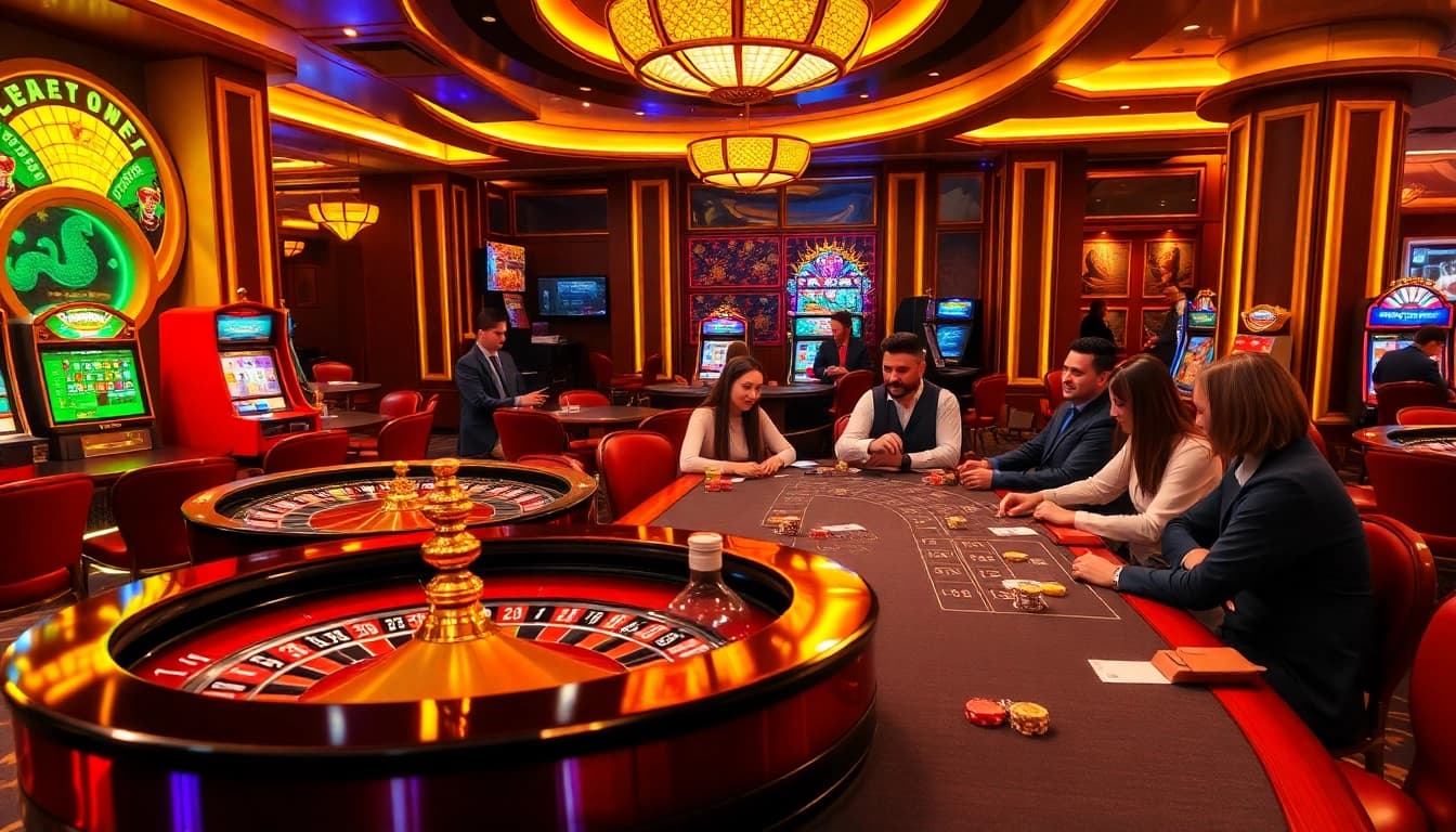 Rasakan sensasi Datuk Win di kasino mewah, menampilkan pemain yang bersemangat di meja poker.