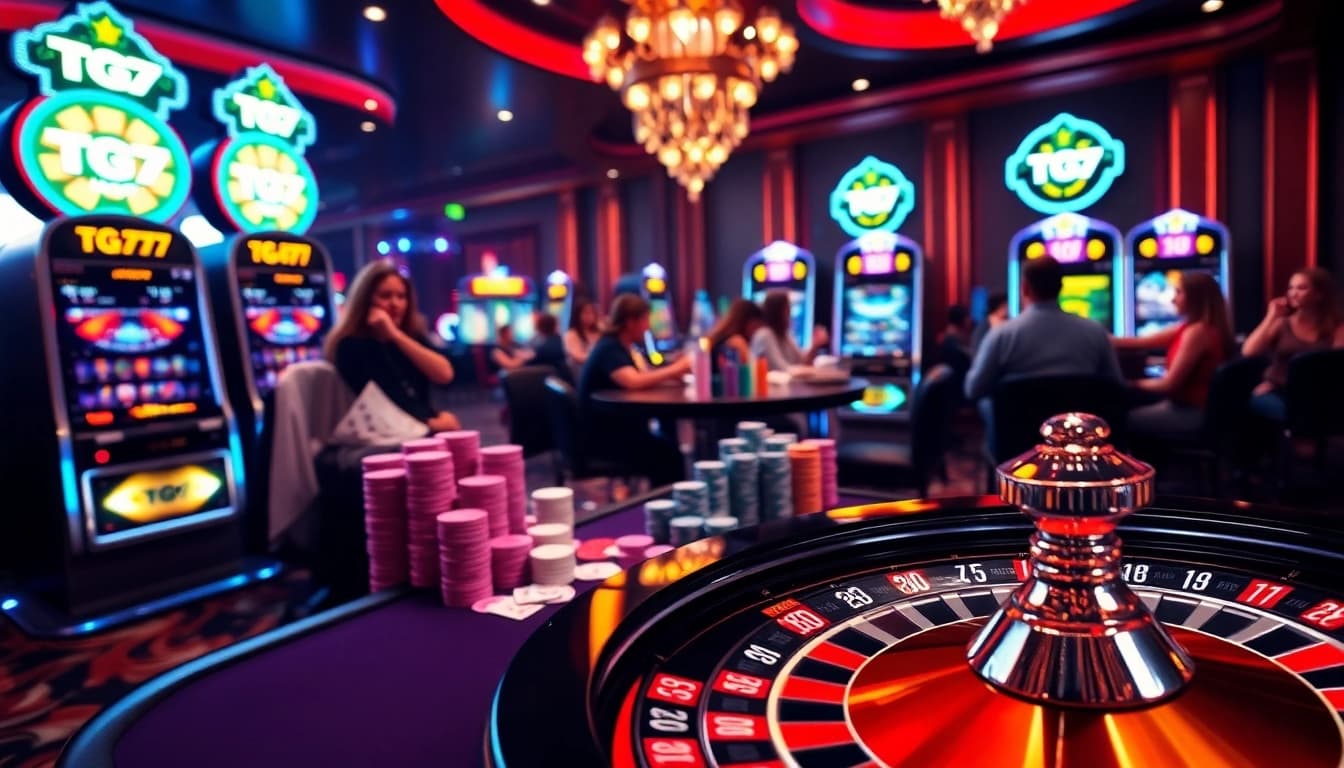 Players enjoying exciting games at TG777 online casino with poker cards and vibrant chips.