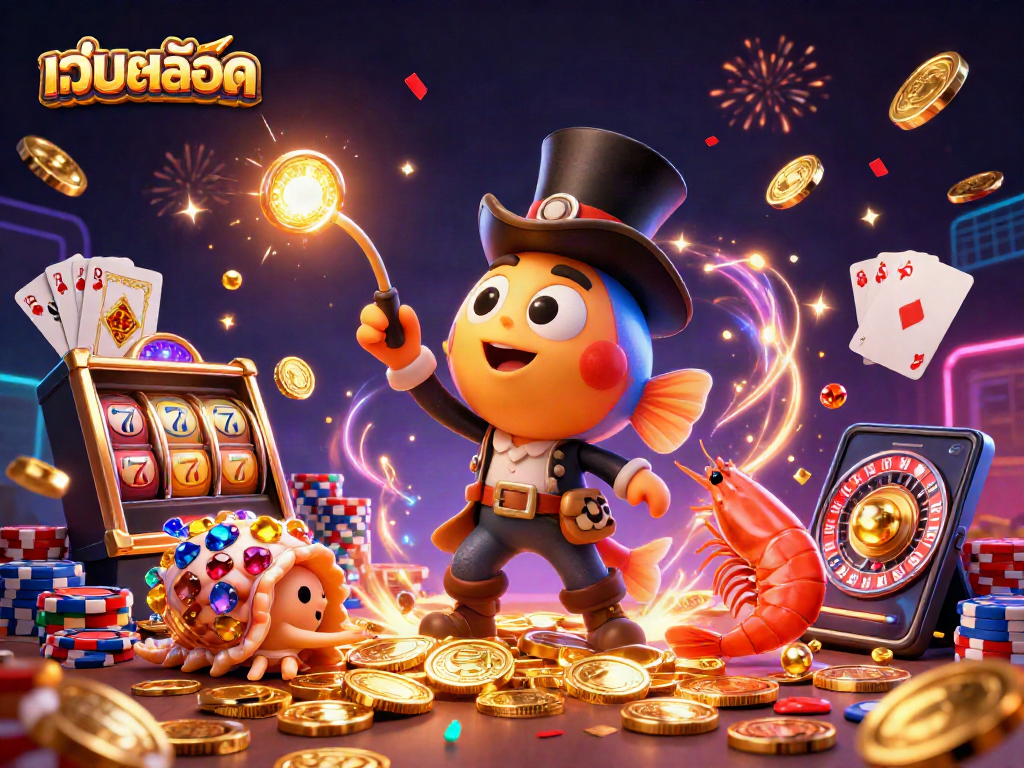 Engage with เว็บสล็อต and enjoy spinning slots surrounded by treasure in this vibrant 3D casino scene.