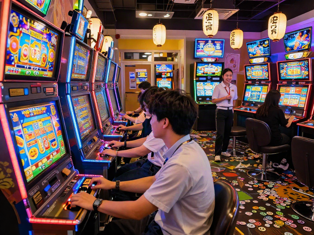Exciting slot jepang gaming room with vibrant machines and enthusiastic players.