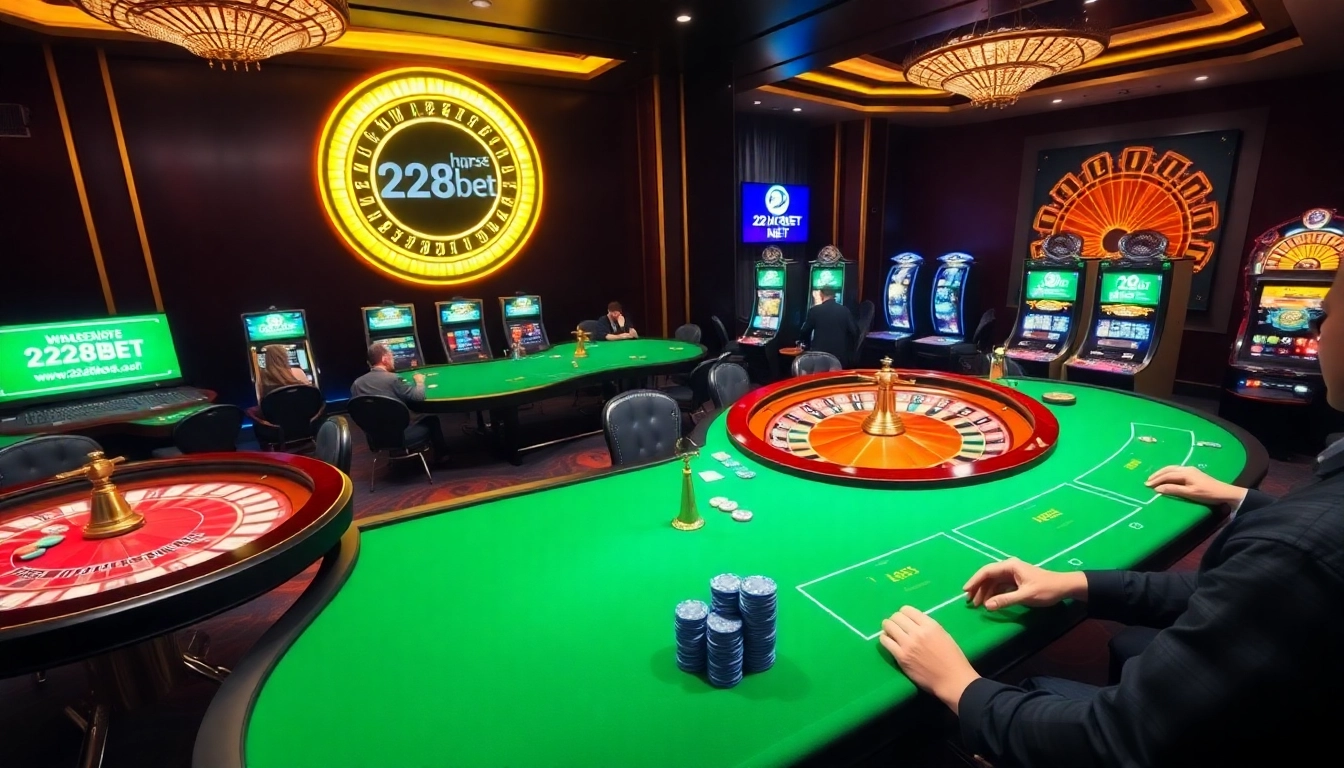Engaging casino scene at http://228kbet.net/, featuring roulette, poker, and slot machines for thrilling gameplay.