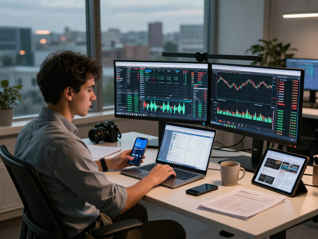 Dynamic trading environment with TradingView charts and analytics displayed on dual monitors, showcasing a trader's workspace