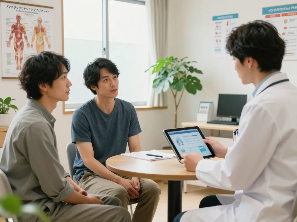 メンズライフクリニックの口コミレビューの相談室、男性の患者が医師と健康について話し合っている現代的で温かみのある空間。