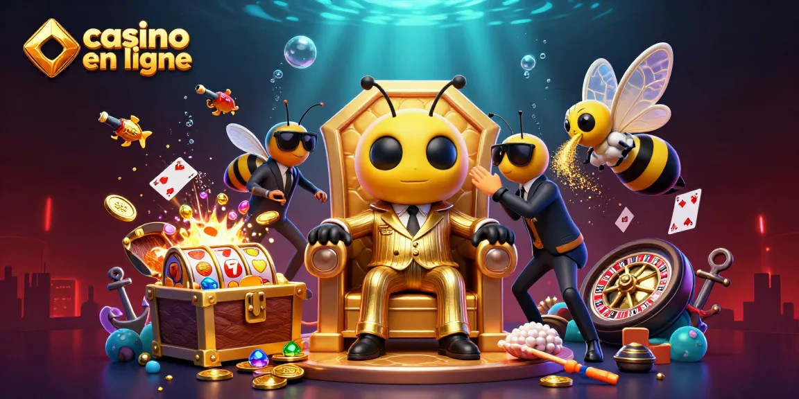 Plongez dans l'univers du casino en ligne avec des personnages animés entourés de machines à sous et de cartes.