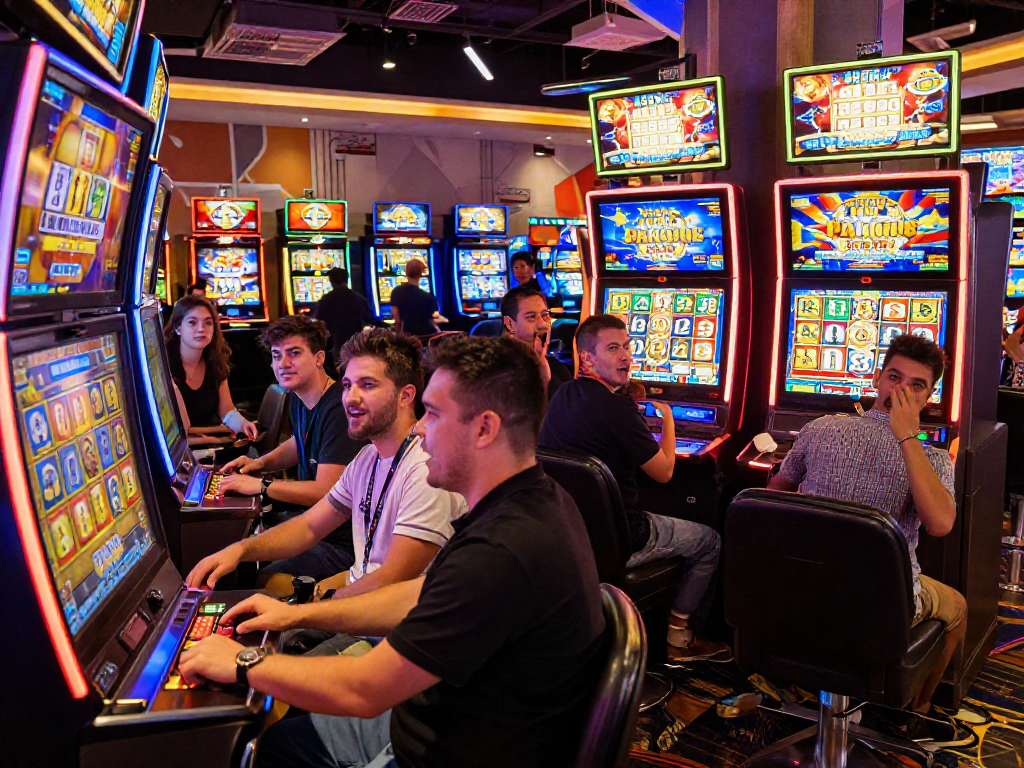 Players engaging in slots where you can buy the bonus in a lively casino setting, showcasing excitement and joy.