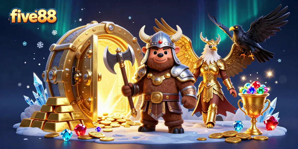 five88 Viking-themed illustration featuring a bear and eagle amidst treasures in a dazzling casino setting