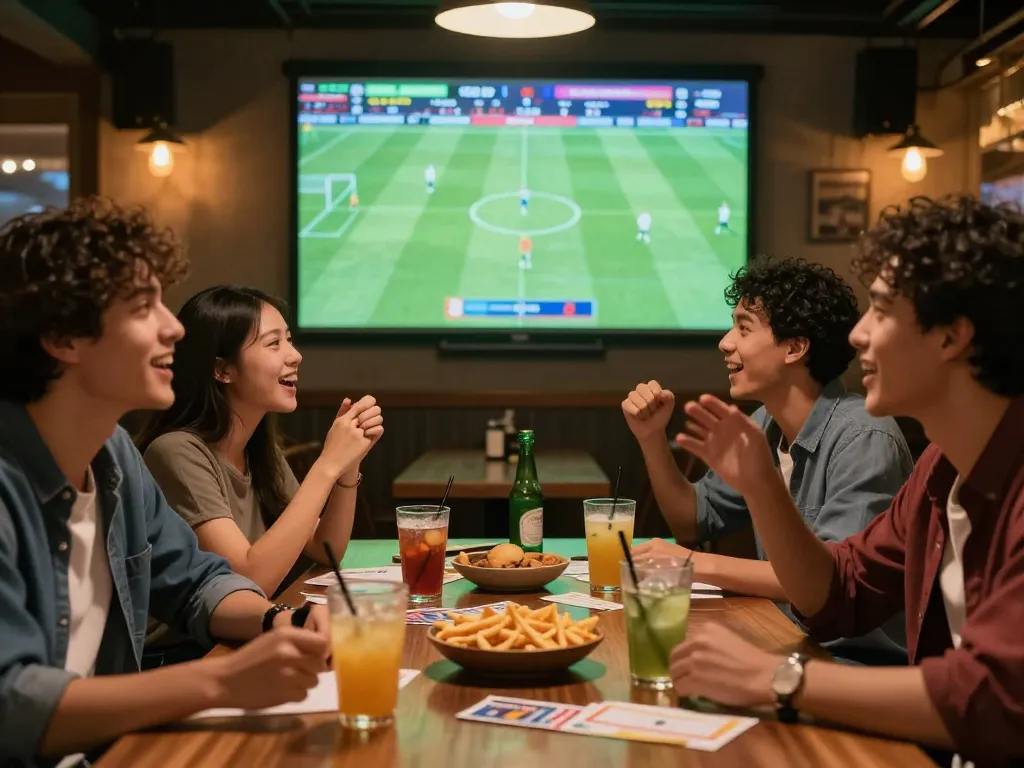 Teman-teman menikmati judi bola online sambil menonton pertandingan sepak bola langsung di suasana pub yang ramai