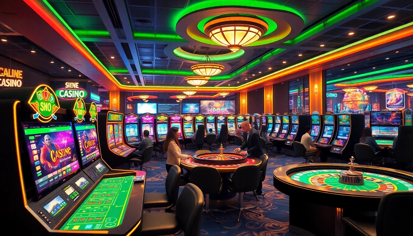 Engage with games at https://3xbet.direct/ showcasing vibrant slots and poker tables in a lively casino.