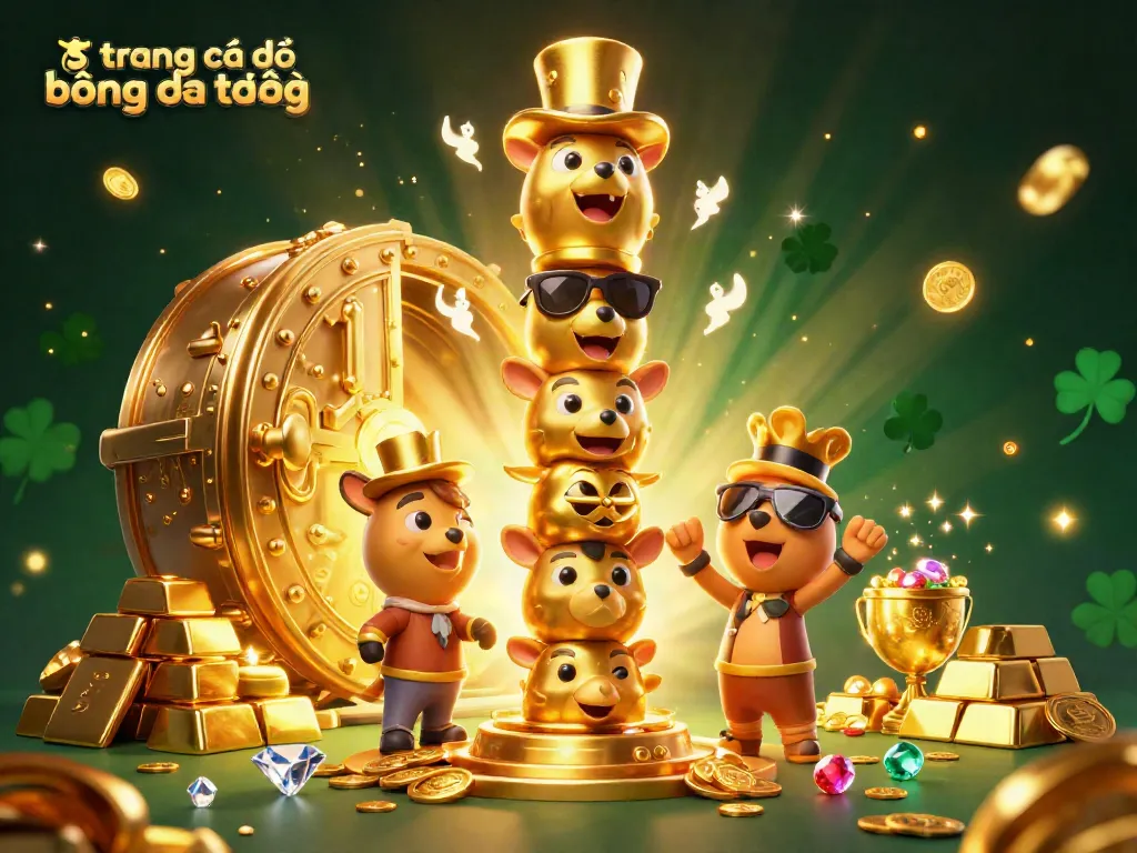 Chơi trang cá độ bóng đá trực tiếp với biểu tượng thần tài và kho báu lấp lánh.