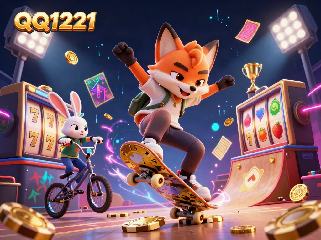 Experience thrilling action with QQ1221 as a skateboarder fox performs tricks over golden poker chips and spinning slot reels.