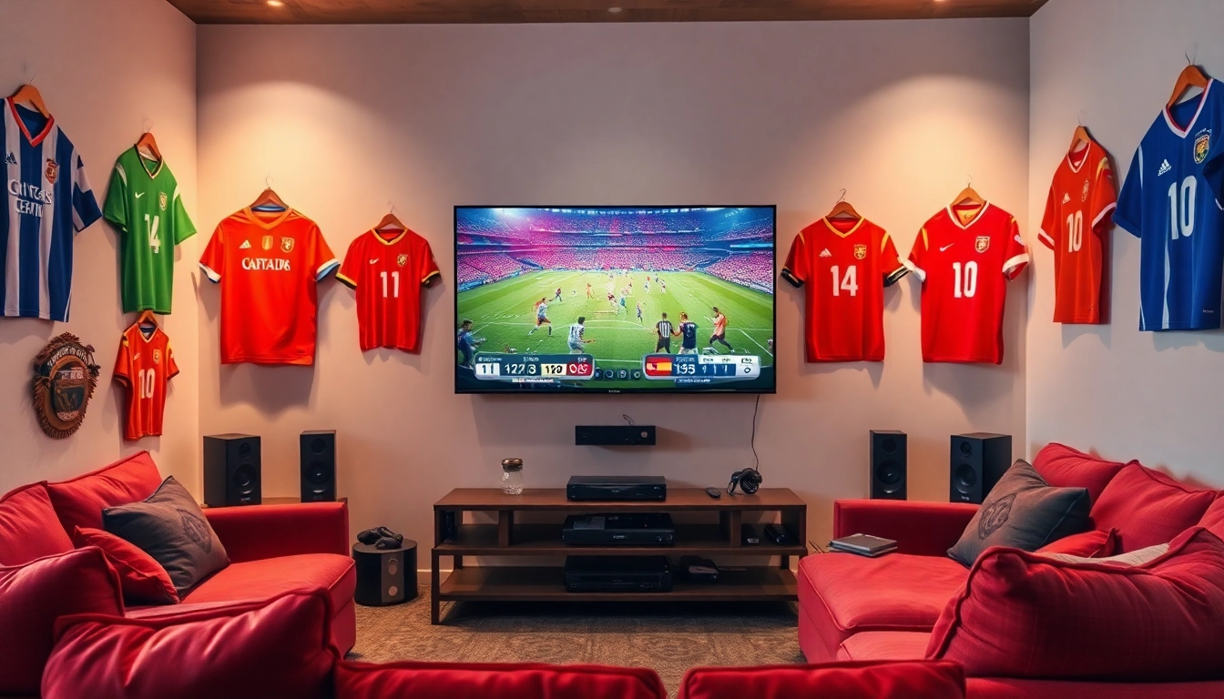 Menonton bolakami di ruang yang nyaman dengan memorabilia sepak bola yang cerah.