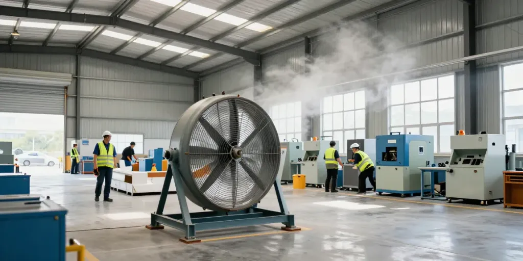 Quạt công nghiệp hoạt động hiệu quả trong nhà kho, tạo không khí thoáng mát cho công nhân.