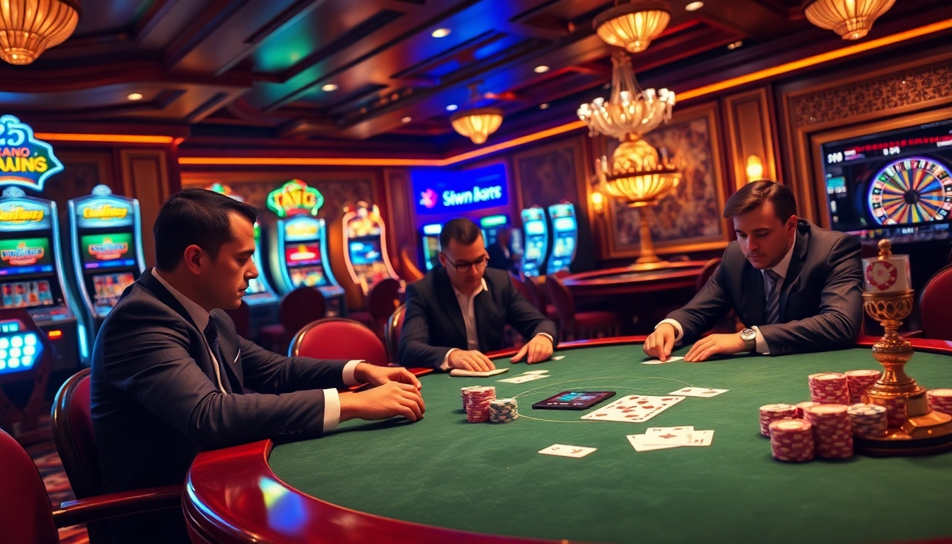 Players engage in a thrilling poker game at 23win's luxury casino table, surrounded by vibrant slot machines.