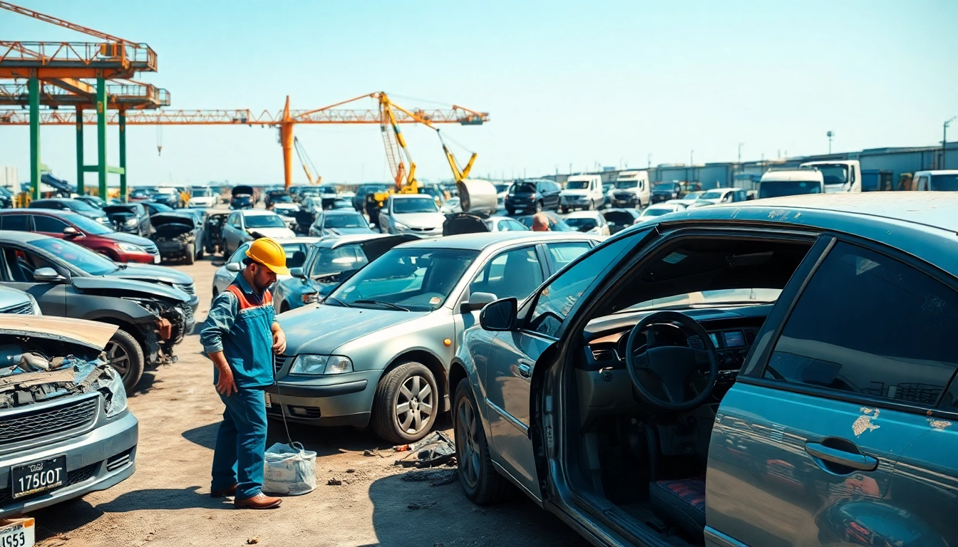 Autosloop voertuigen in een drukke recycling yard met een monteur aan het werk.