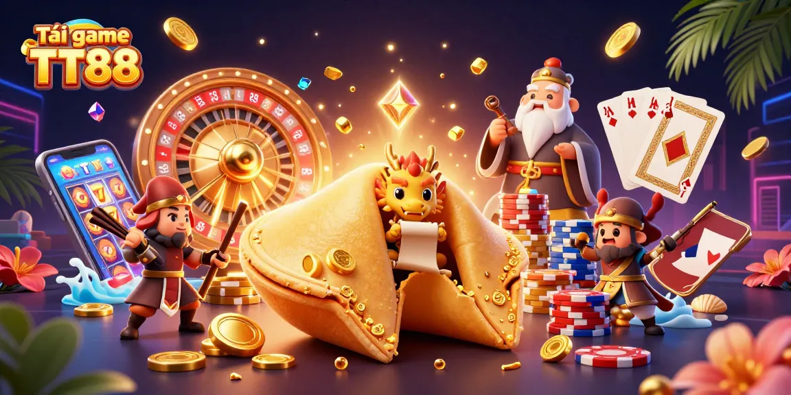 Tải game TT88 to enjoy dynamic casino gameplay with captivating golden visuals and cartoon characters.