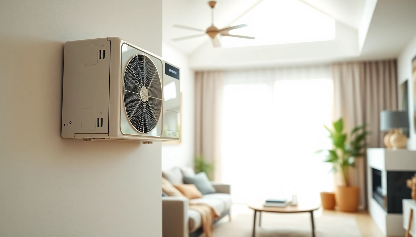 Showcase a mini split ac unit elegantly mounted in a stylish living room, highlighting modern design.