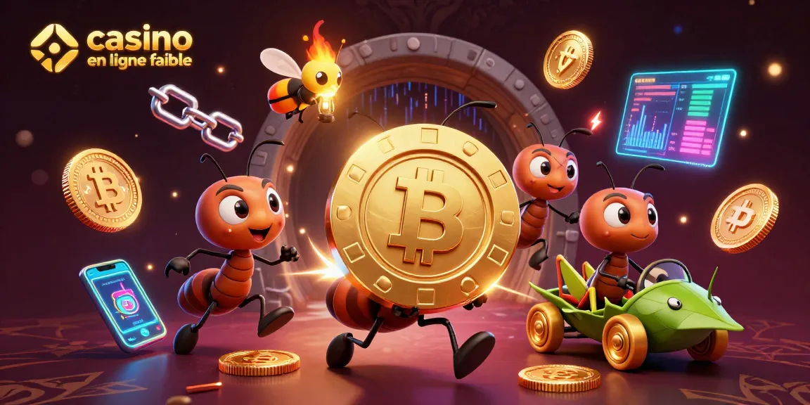 Animation d'escroquerie de fourmis avec un jeton de poker doré sur un fond de casino en ligne fiable.