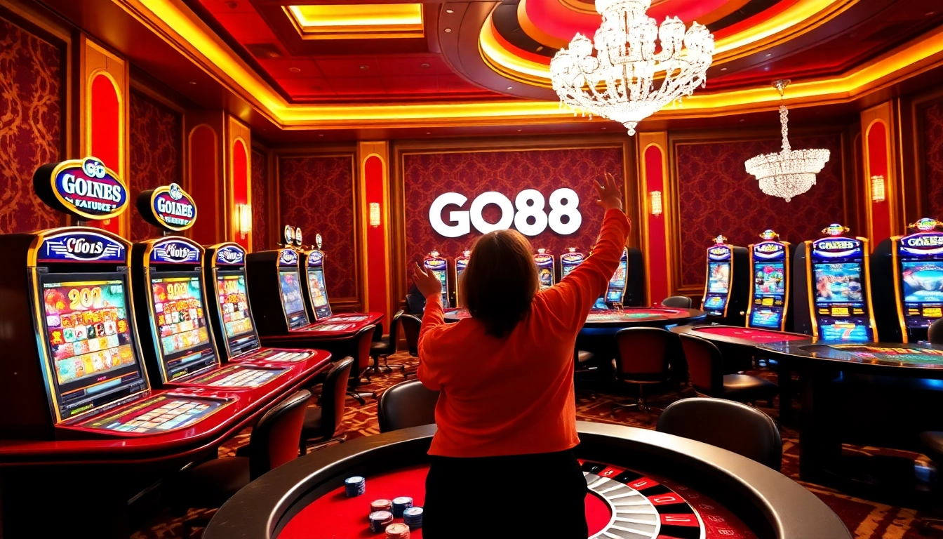 Players celebrating big wins at GO88's luxurious gaming tables in a vibrant, upscale casino.