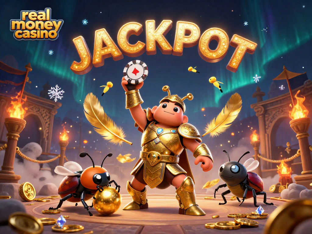 Celebrate wins at a real money casino with a victorious beetle lifting a poker chip.