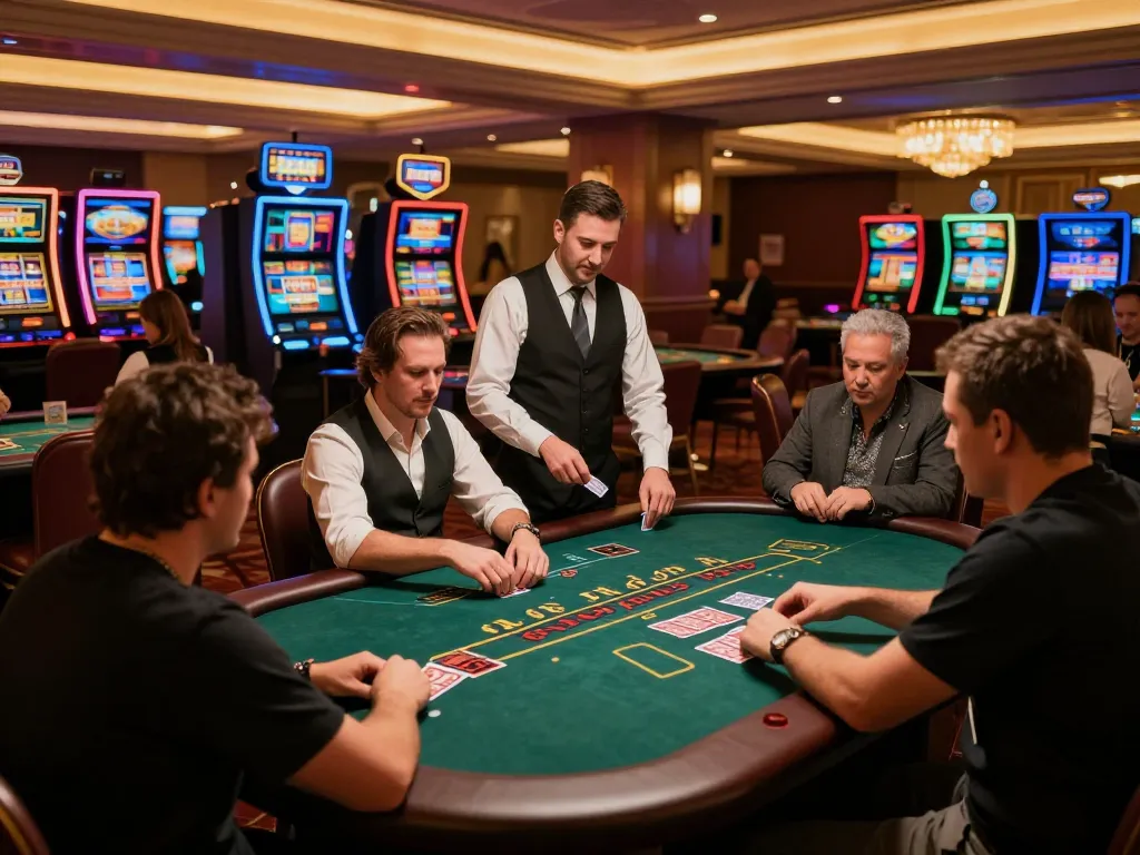 Engaged players at a blackjack table in an upscale casino, featuring dynamic gameplay with lc888 strategies