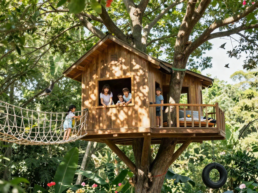 Family enjoying their tree house life amidst lush greenery and adventure.