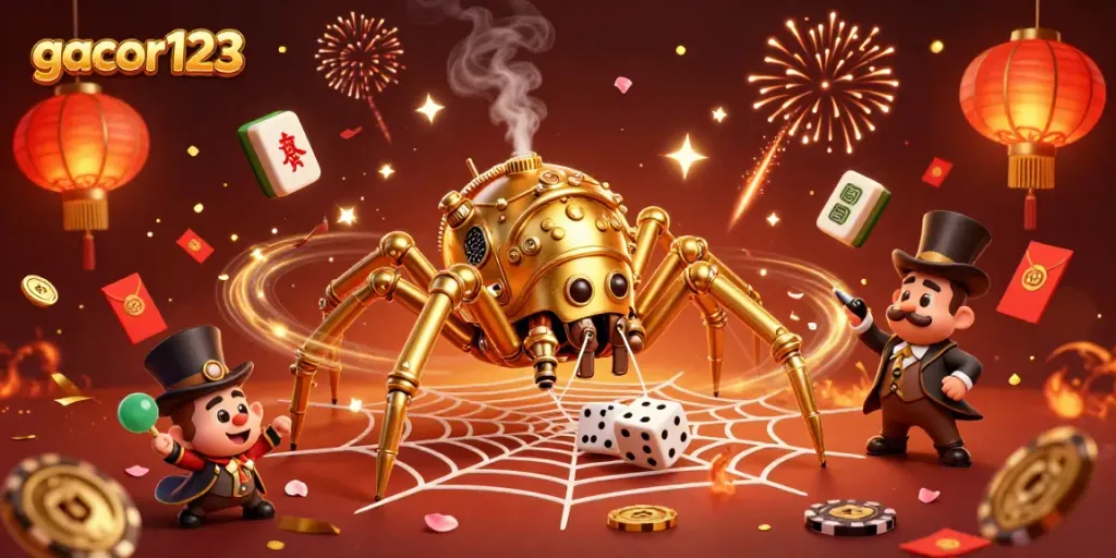 Engage with gacor123's interactive casino experience featuring a steampunk spider and vibrant game elements.