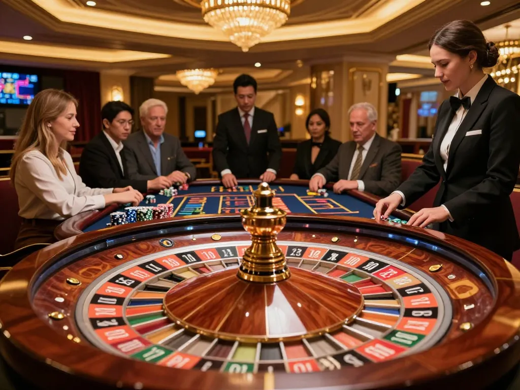 Watch players engage in thrilling roulette gameplay at a luxurious casino, integrating vidyasewingmachine with vibrant chips and ambiance.
