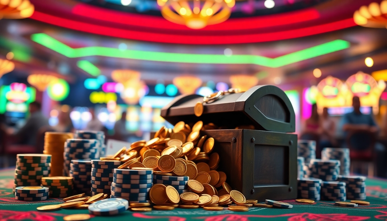 Enticing casino bonuses represented through vibrant promotional materials and gold coins.