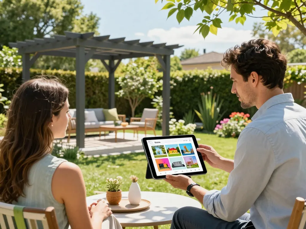 Sales representative demonstrating Pergola Configurator Software in a beautiful garden setting, engaging with customers.